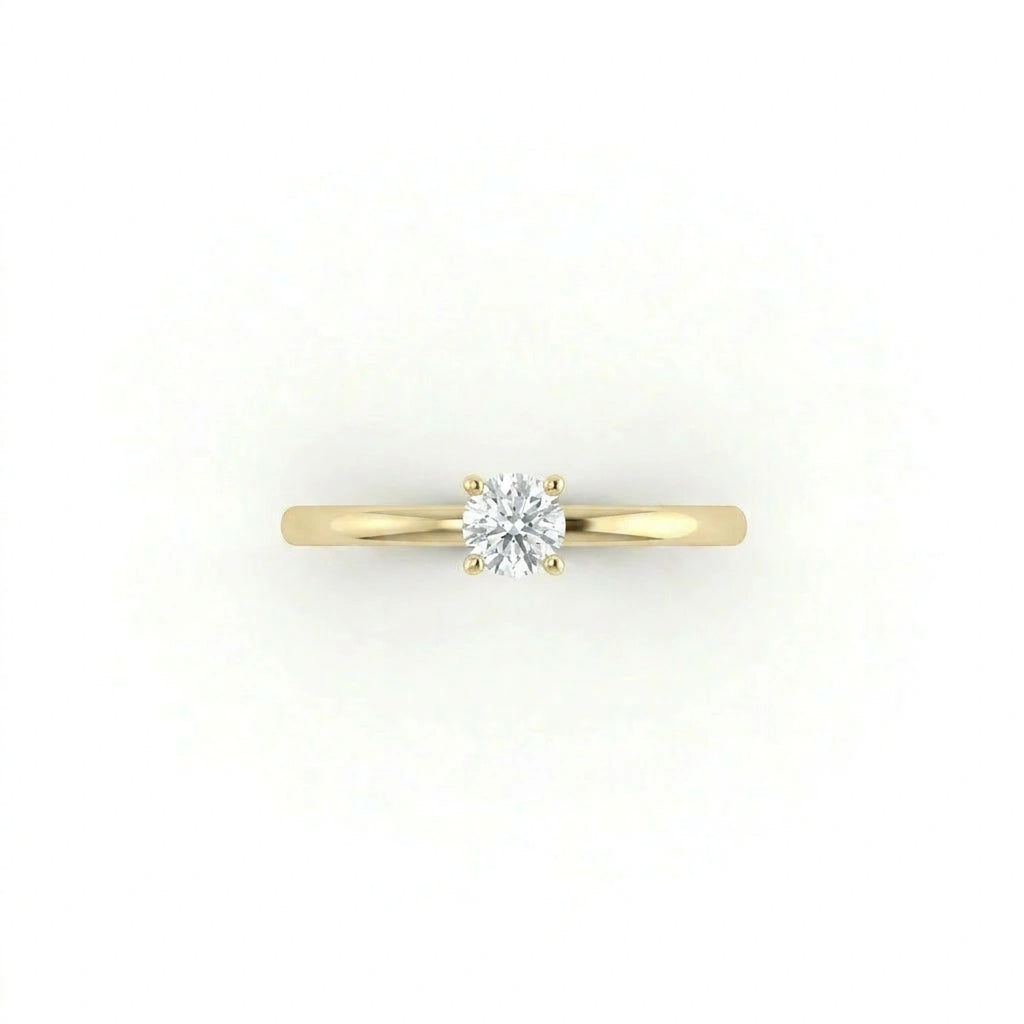 Front view of round ultra thin solitaire engagement ring with lab-grown diamond in 14K yellow gold