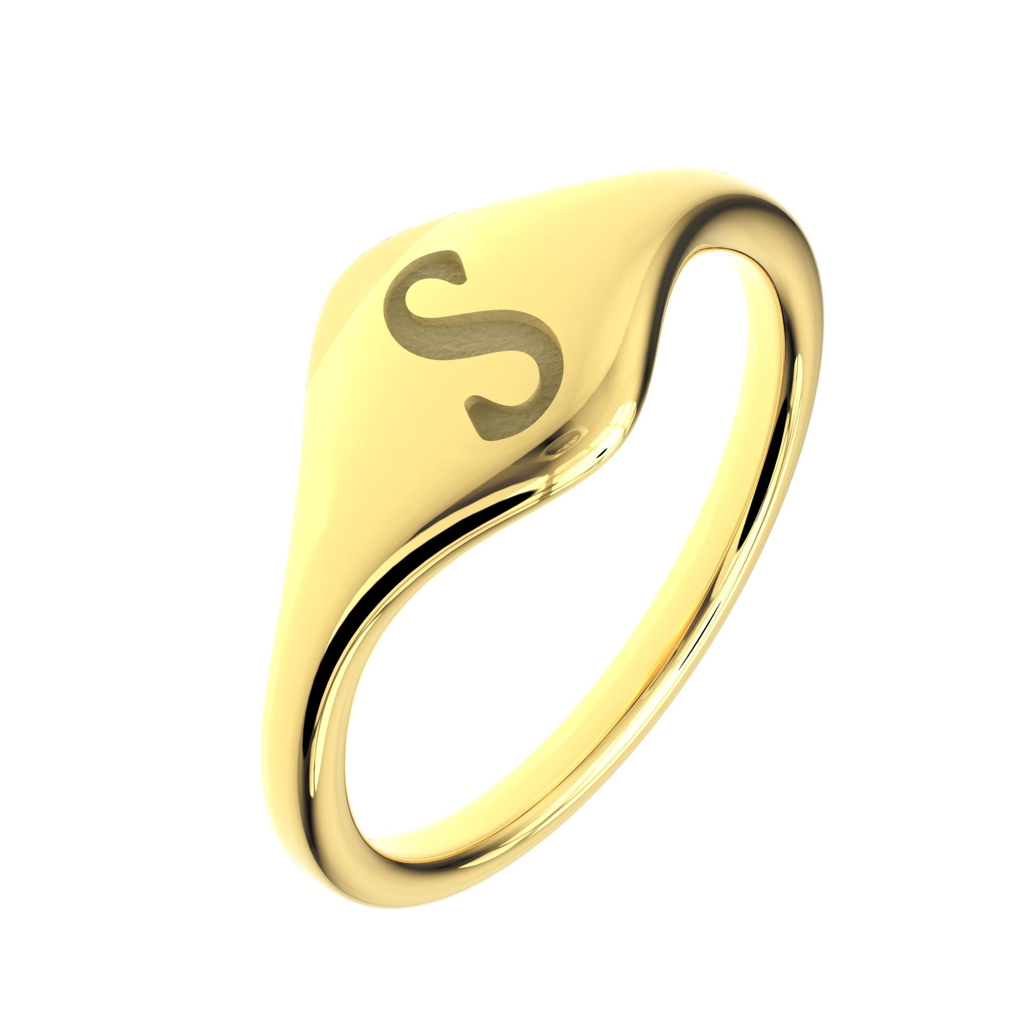 S initial cursive signet ring in polished 14K gold on a soft beige background