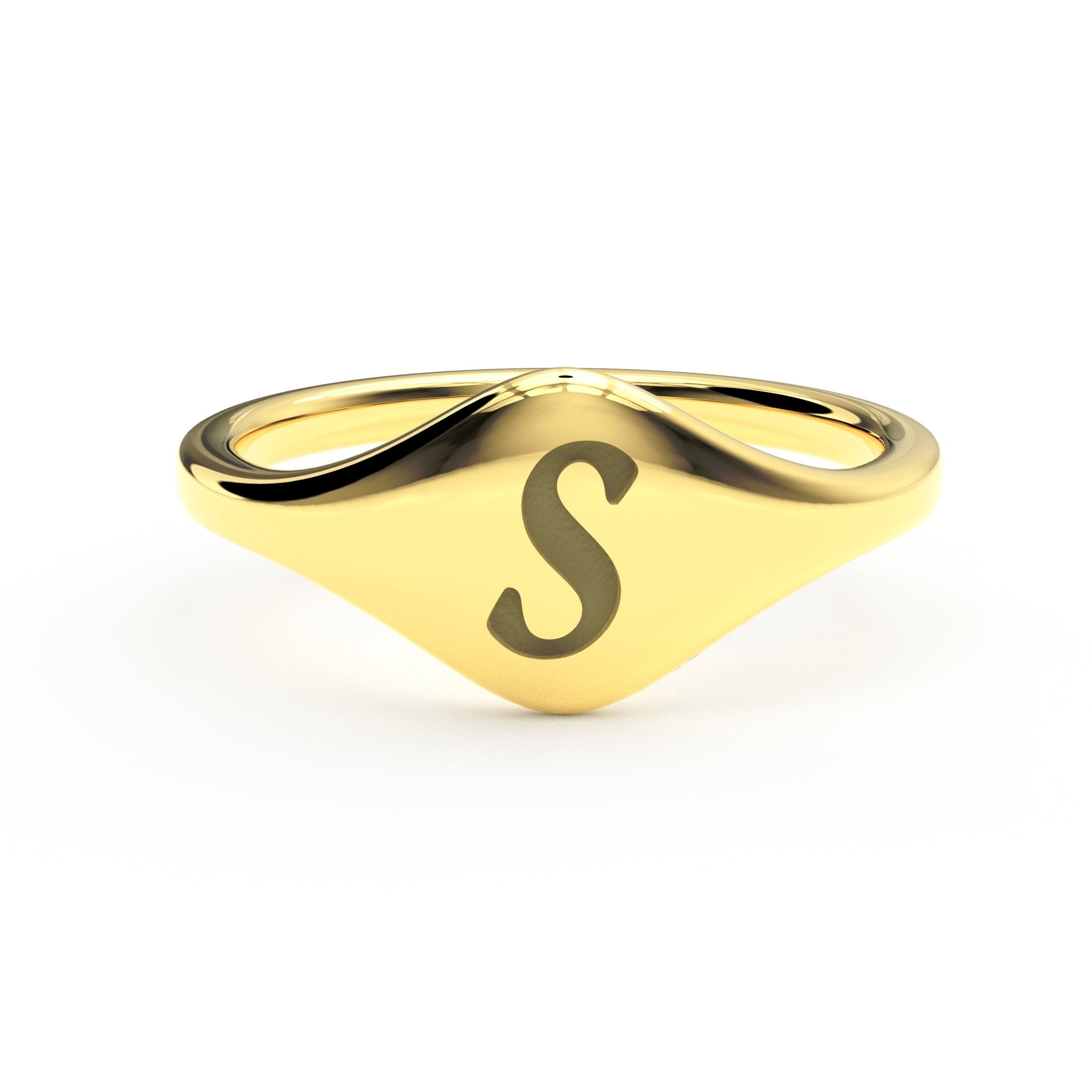 S initial cursive signet ring front view ofthe ring in polished 14K gold on a soft beige background