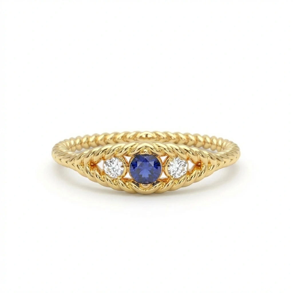 Sapphire twisted rope three-stone ring in 14K yellow gold - classic vintage elegance