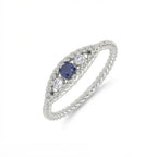 Sapphire twisted rope three-stone ring angle view in 14K white gold - showing sapphire and diamond sparkle