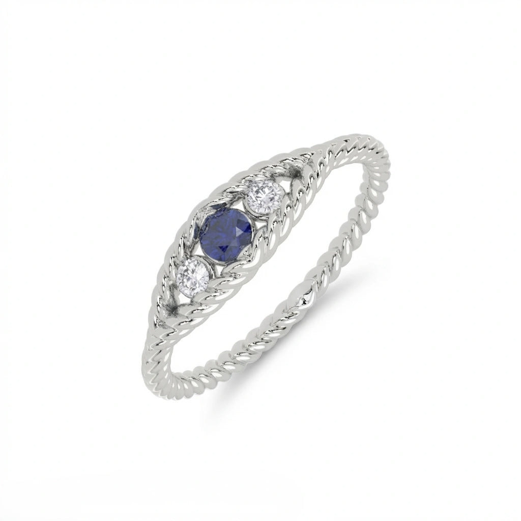 Sapphire twisted rope three-stone ring angle view in 14K white gold - showing sapphire and diamond sparkle