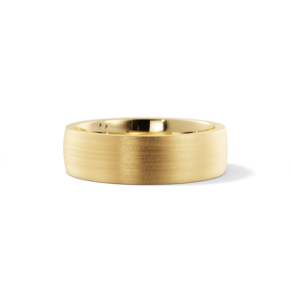 Satin wedding band finish in solid 14K gold with soft matte surface and reduced shine