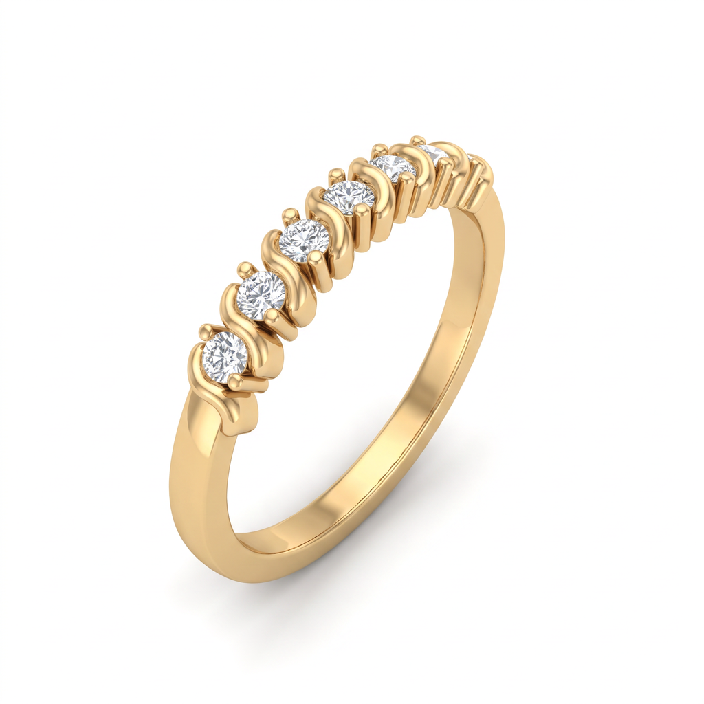 Angled view of seven 2mm round Lab-Grown Diamonds braced by S-curves of 14K yellow gold