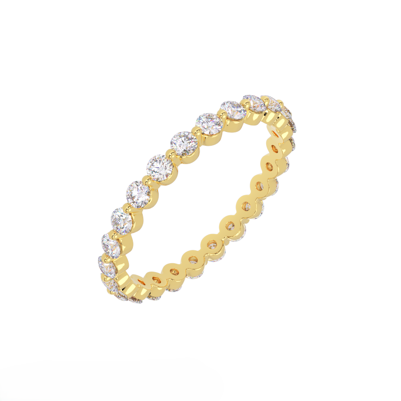 Side view of shared prong diamond eternity band in 14K gold