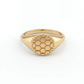Solid 14K rose gold soccer signet ring, front view of honeycomb face — Black Pearl of Queens