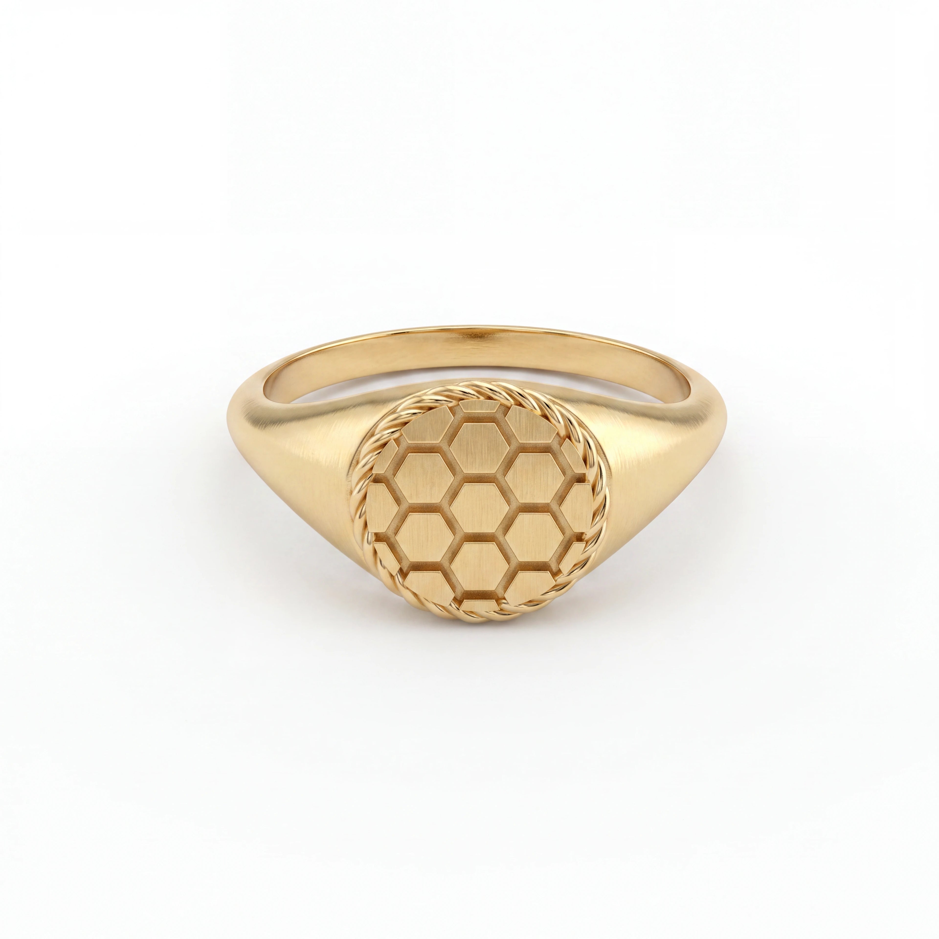 Solid 14K rose gold soccer signet ring, front view of honeycomb face — Black Pearl of Queens