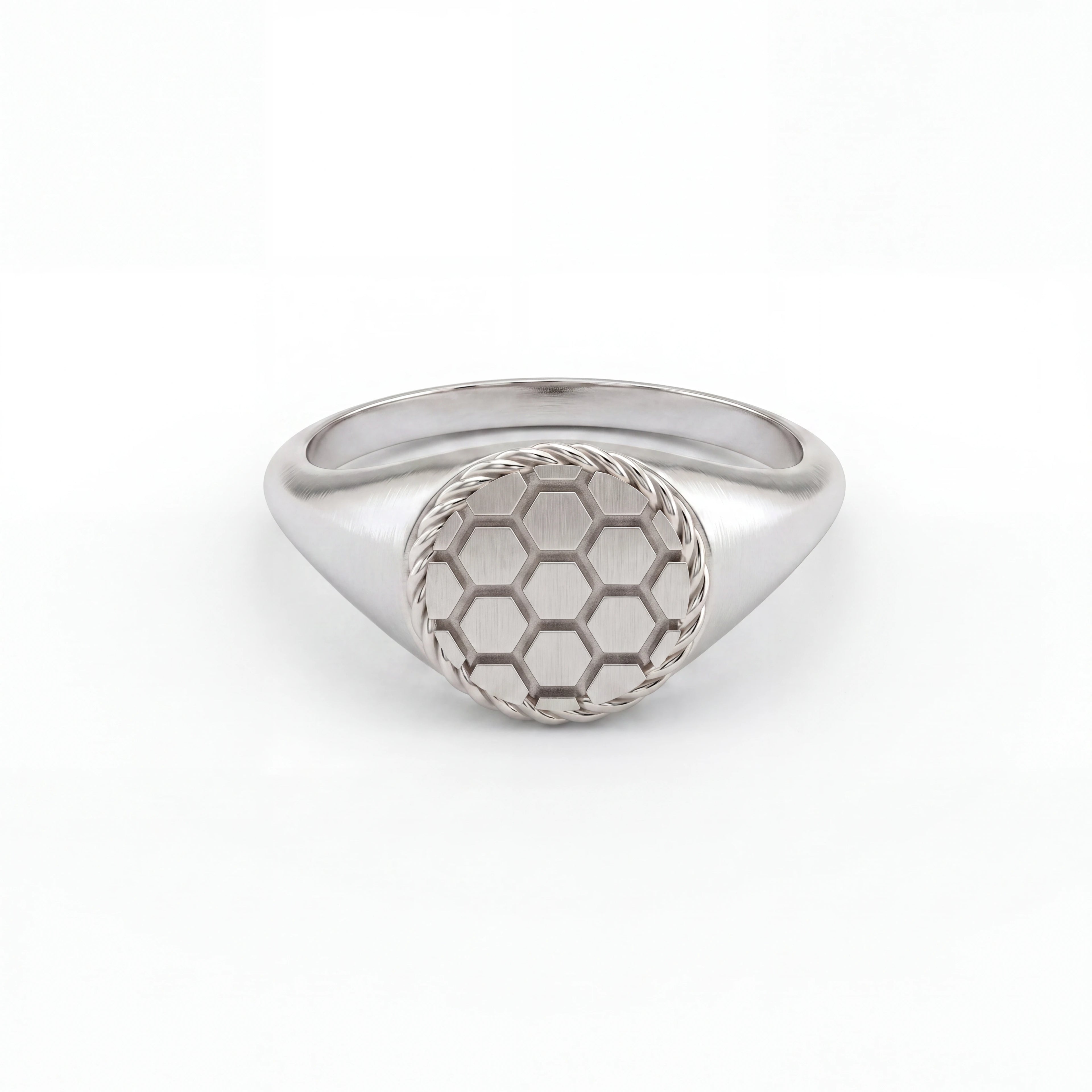 Solid 14K white gold soccer signet ring, front view of honeycomb face — Black Pearl of Queens