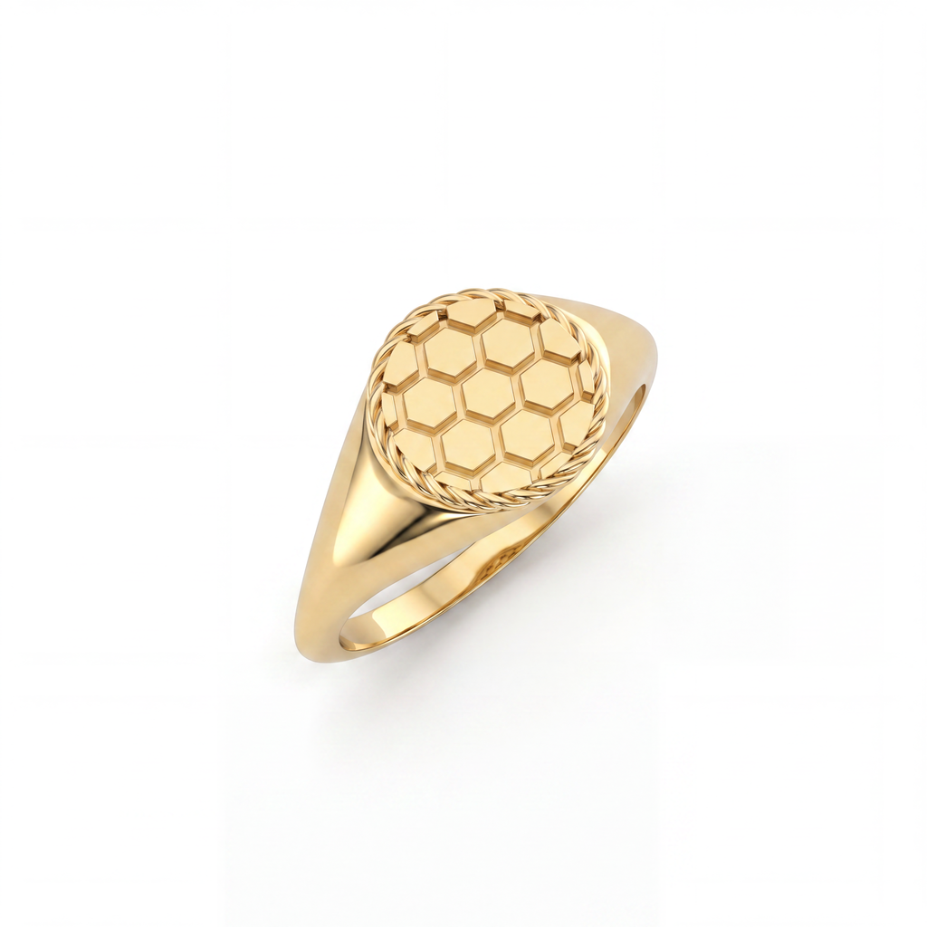 Men's solid 14K yellow gold soccer signet ring, angled view of full band and honeycomb face — Black Pearl of Queens