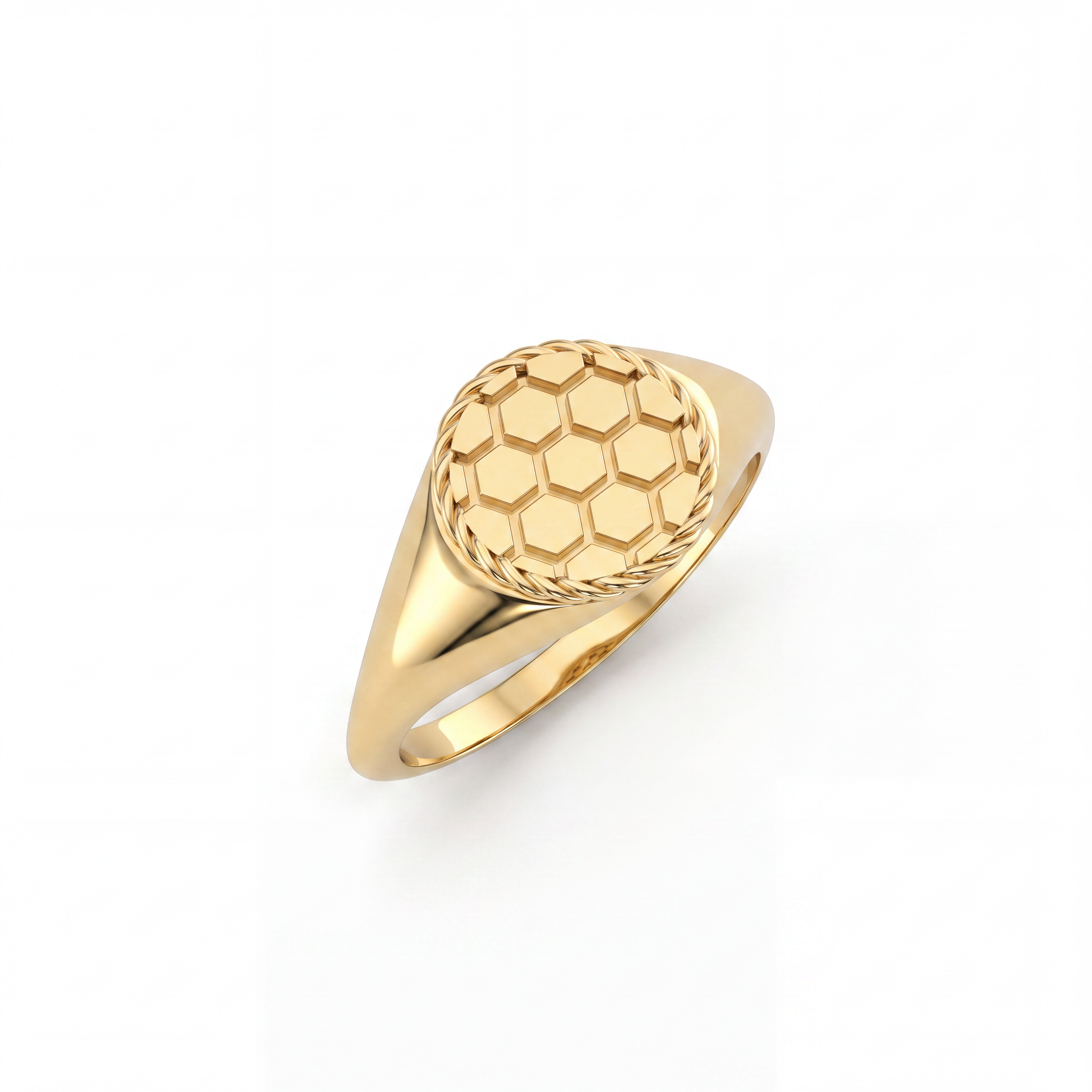 Men's solid 14K yellow gold soccer signet ring, angled view of full band and honeycomb face — Black Pearl of Queens