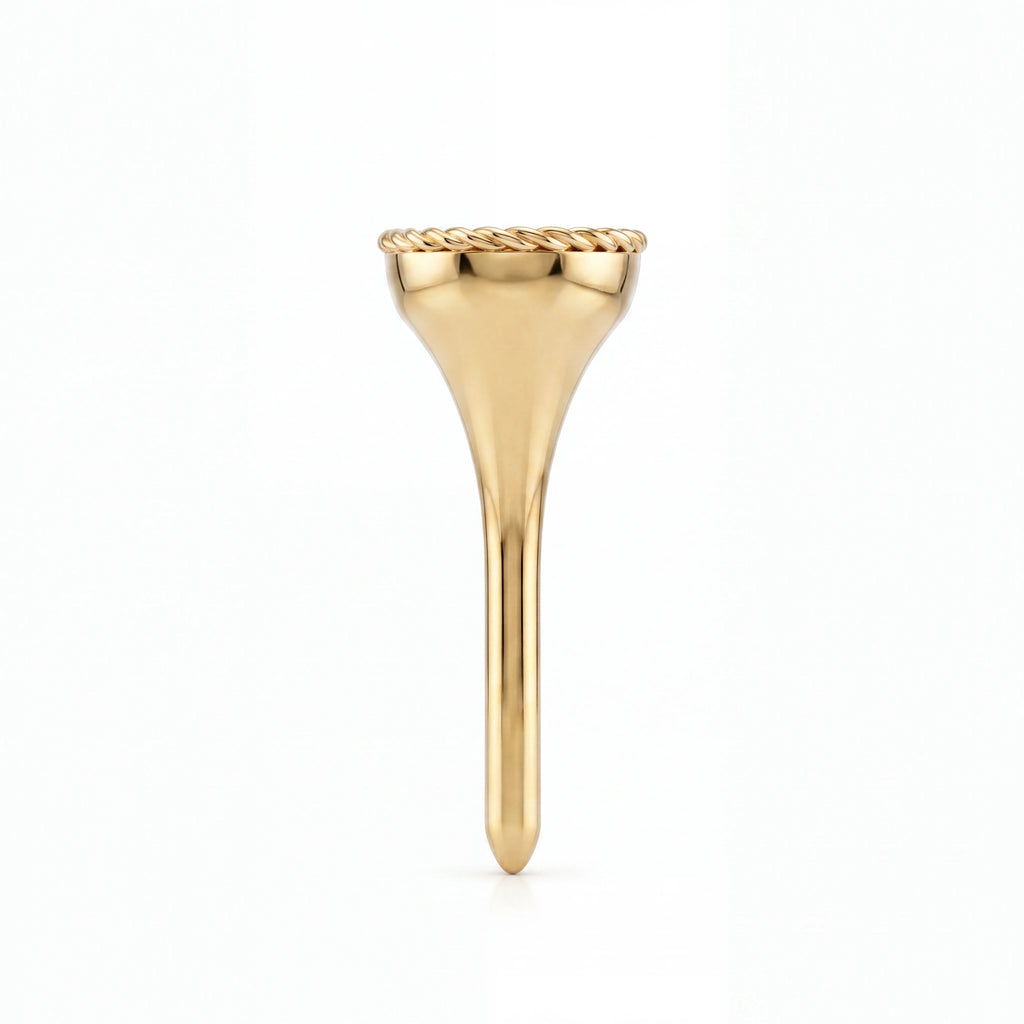 Solid 14K yellow gold soccer signet ring, close detail of honeycomb texture — Black Pearl of Queens