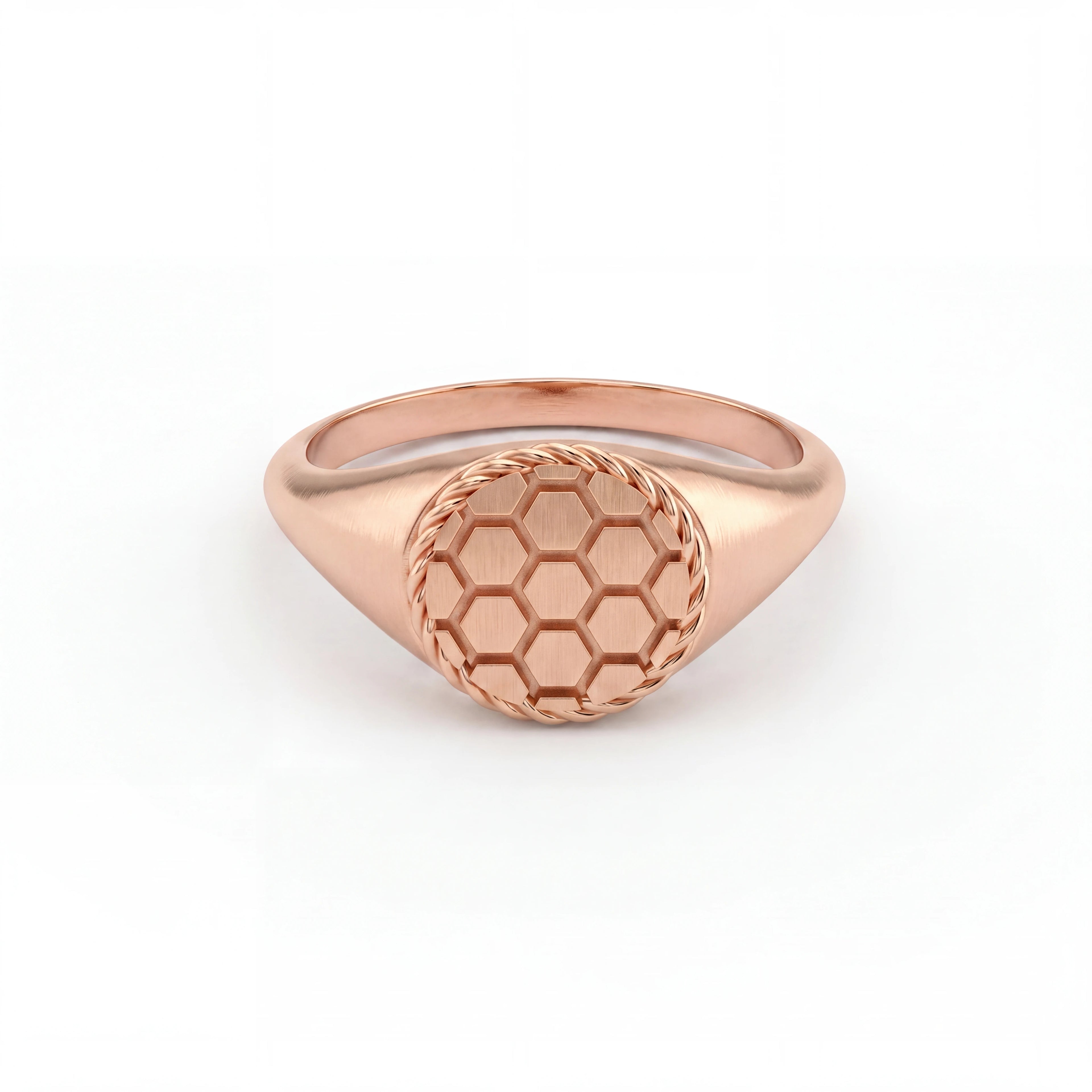 Solid 14K yellow gold soccer signet ring, front view of honeycomb face — Black Pearl of Queens