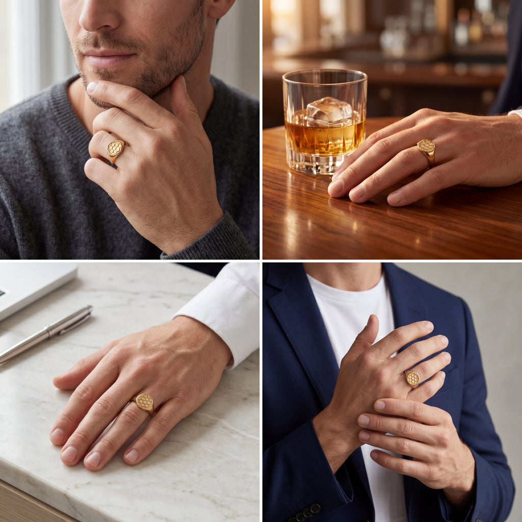 Man wearing solid 14K yellow gold soccer signet ring in everyday settings — Black Pearl of Queens
