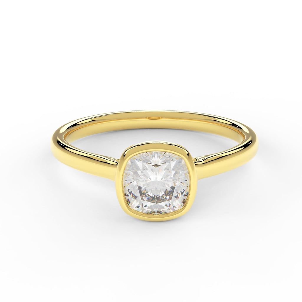 1ct cushion bezel engagement ring in 14k yellow gold – front view
