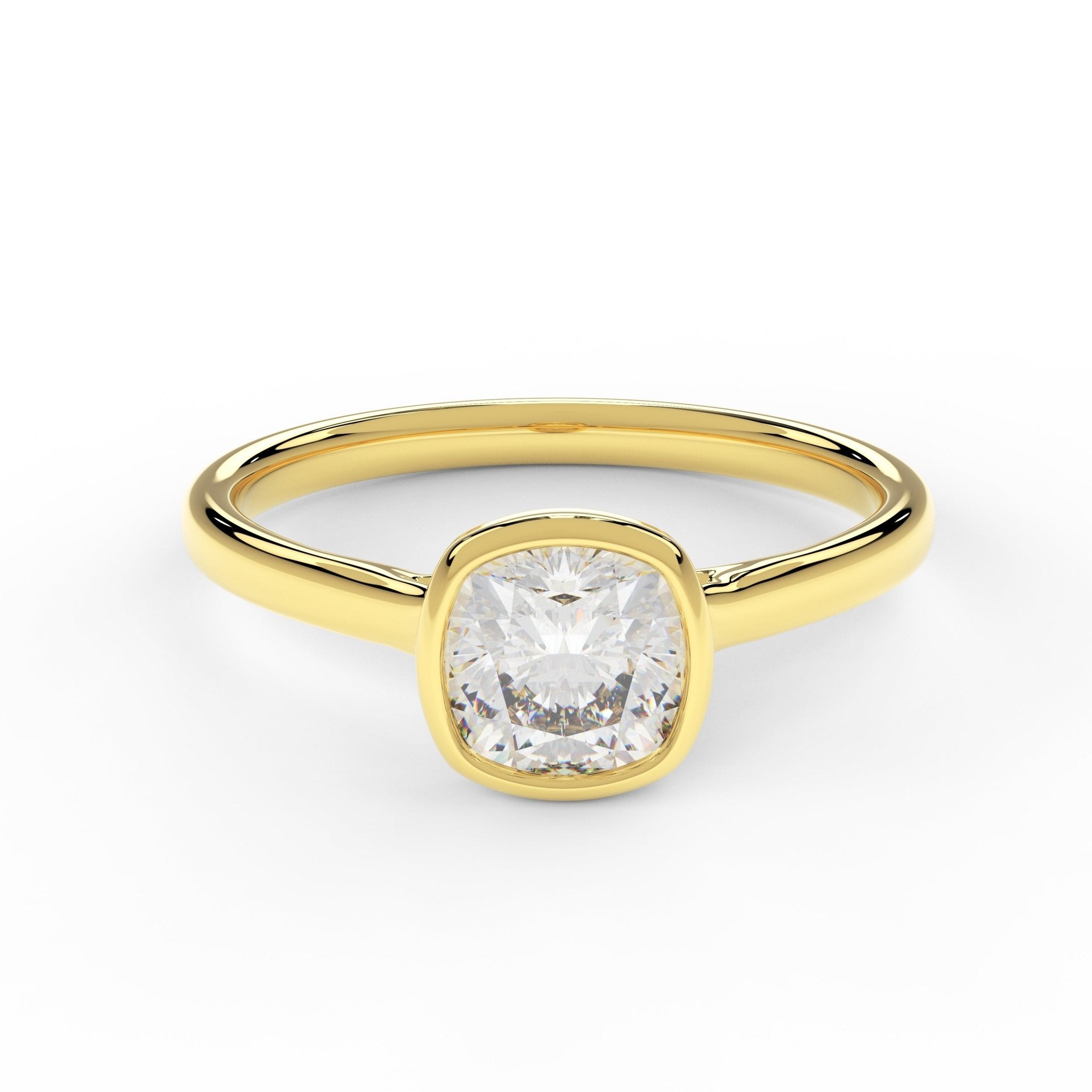 1ct cushion bezel engagement ring in 14k yellow gold – front view