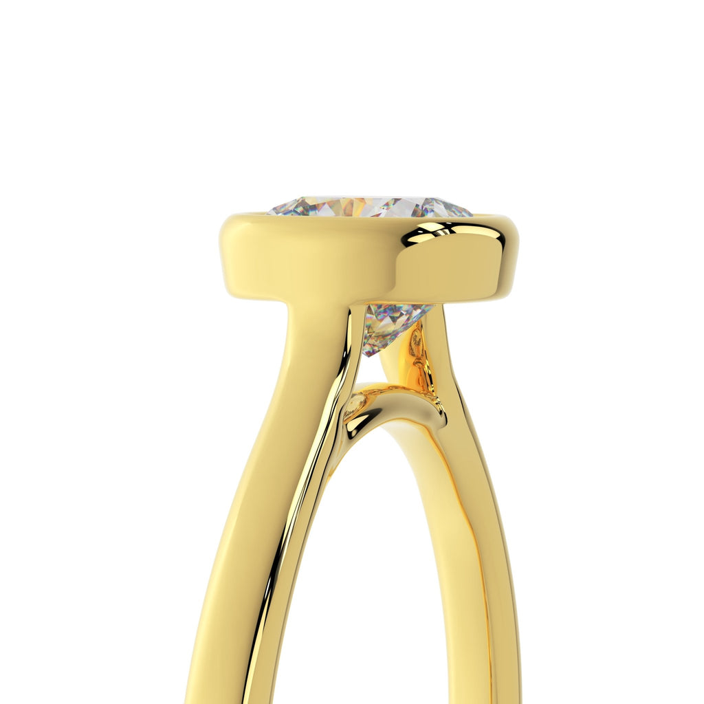 Cushion cut bezel engagement ring low profile side angle