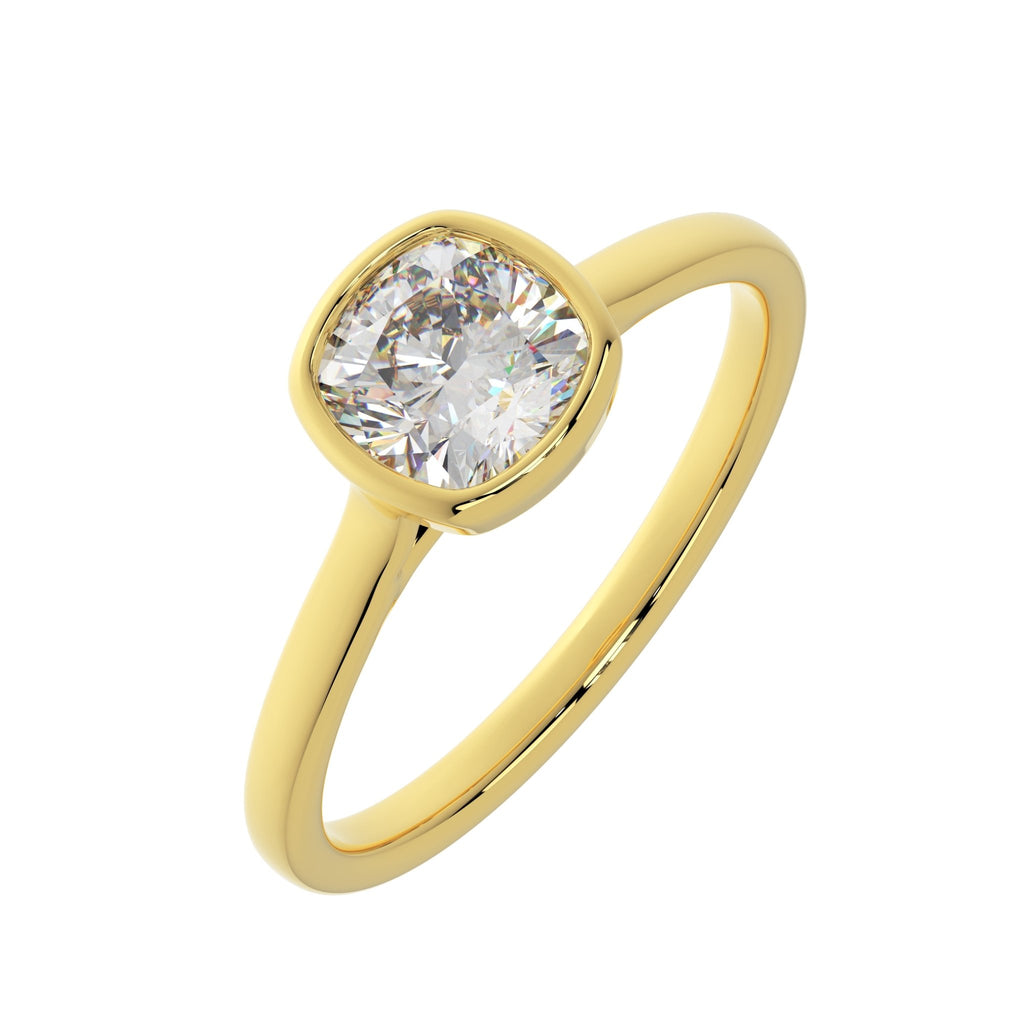 Low profile bezel engagement ring with cushion diamond profile view