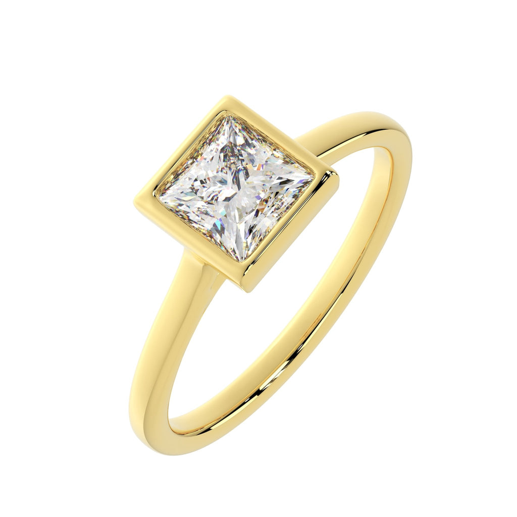 Princess cut bezel engagement ring side angle showing slim gold band