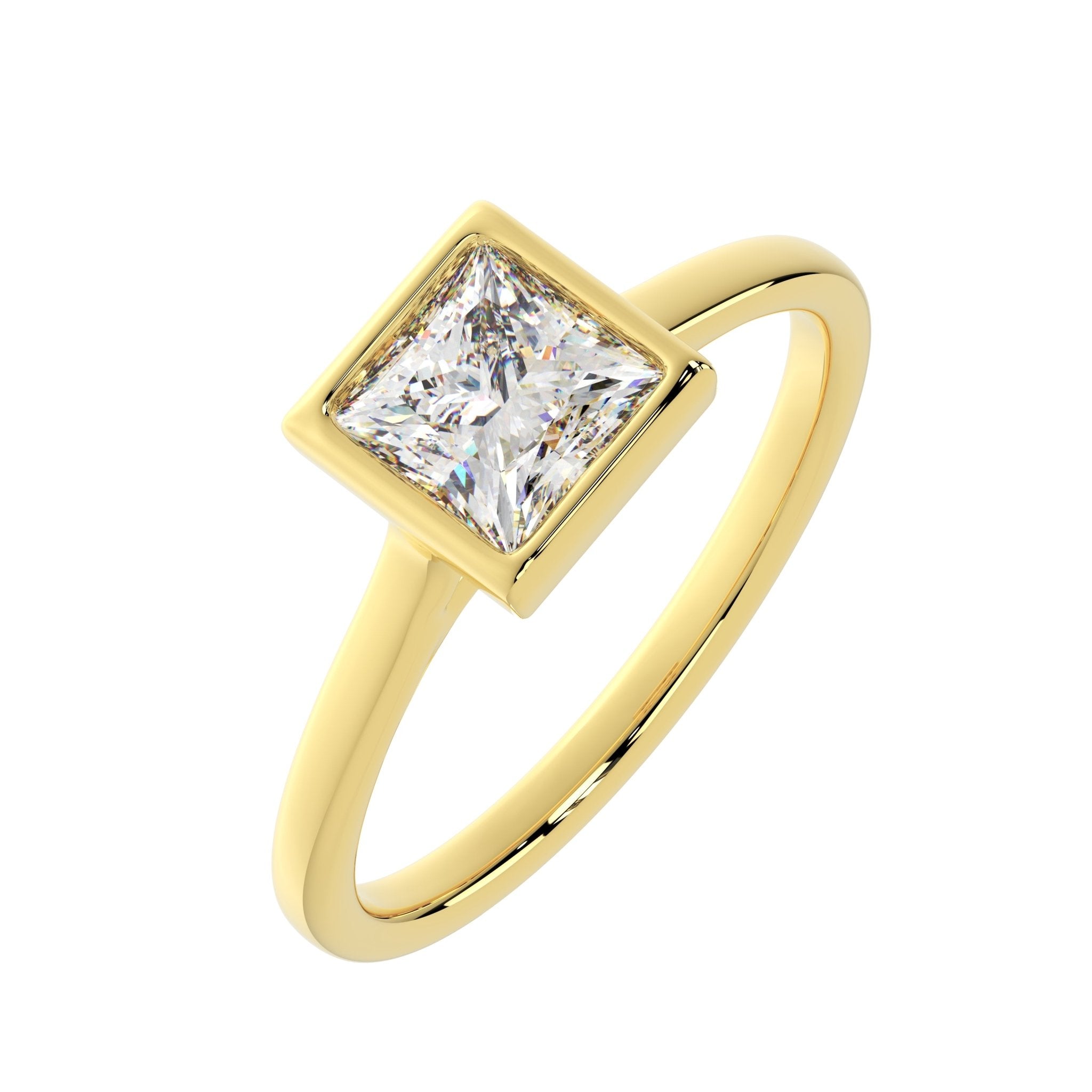 Princess cut bezel engagement ring side angle showing slim gold band