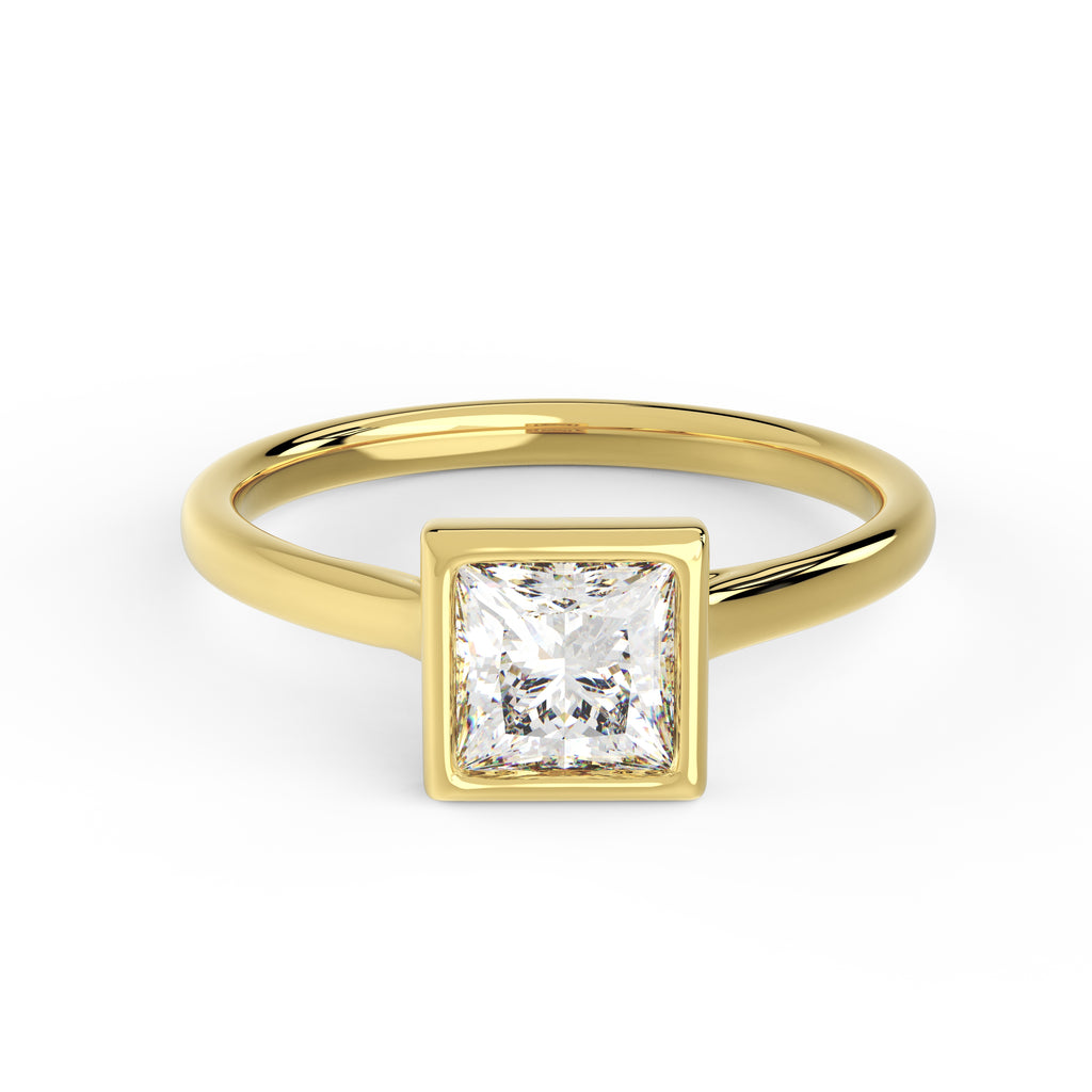 1ct princess cut bezel set engagement ring in 14k yellow gold, front view