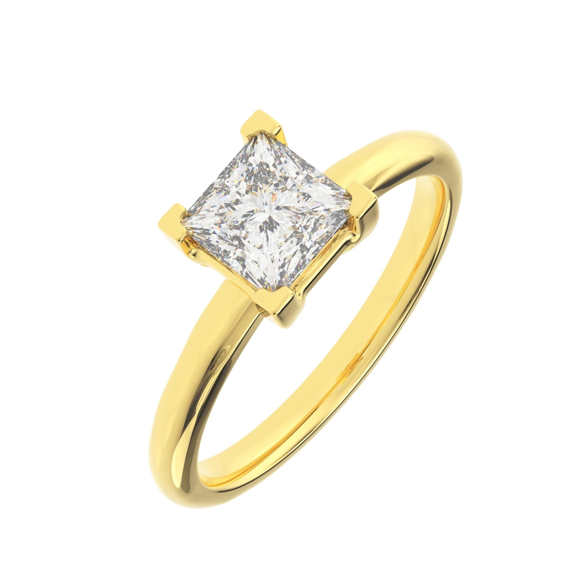Angled view of princess cut diamond solitaire engagement ring