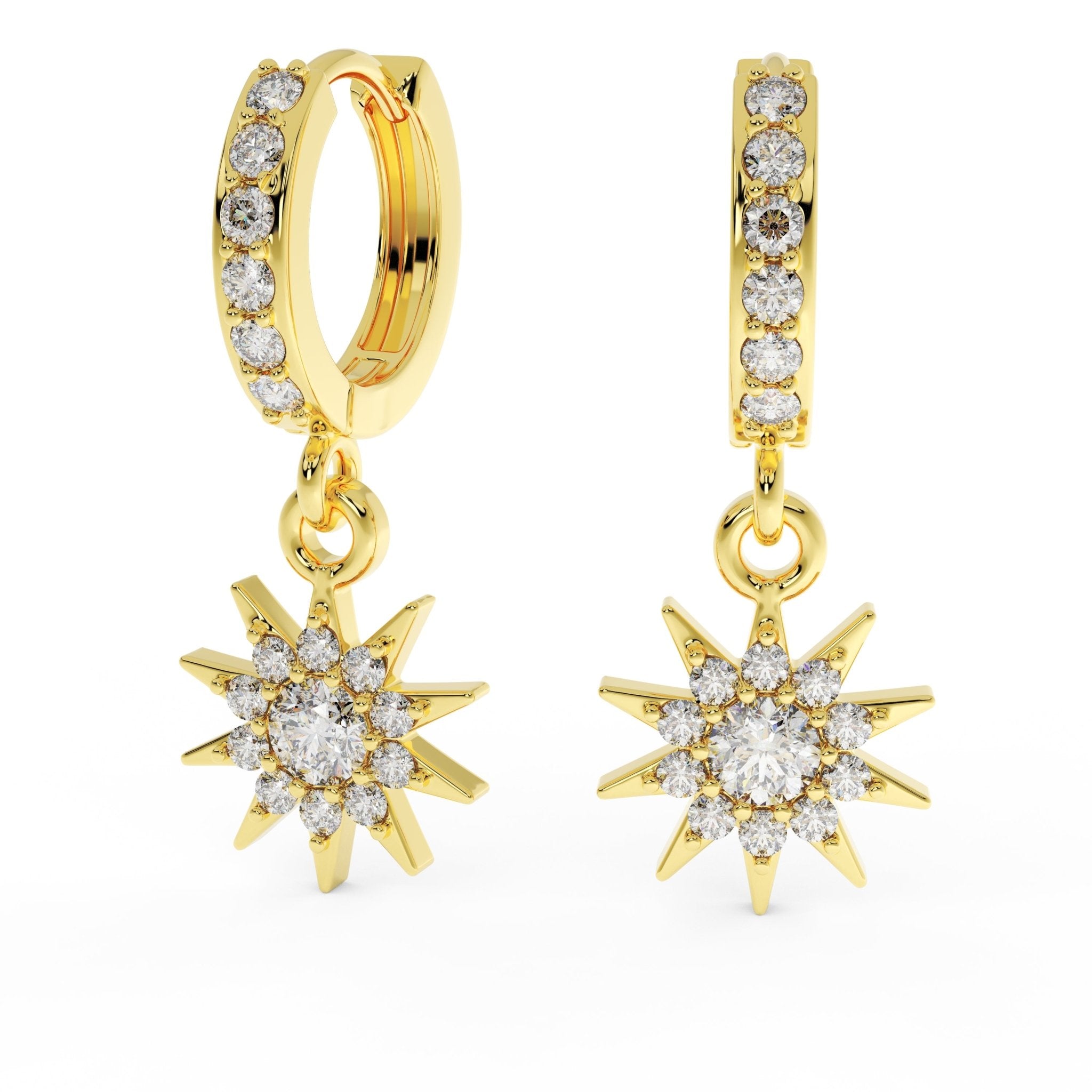 14K gold sunburst pave huggie earrings on display stand – Black Pearl of Queens