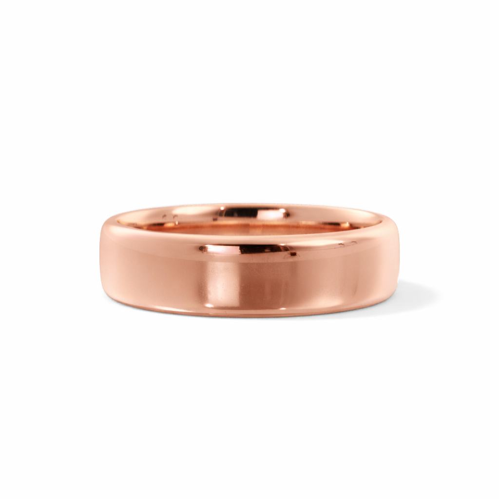 Solid 14K rose gold 6mm comfort fit wedding band with smooth rounded profile