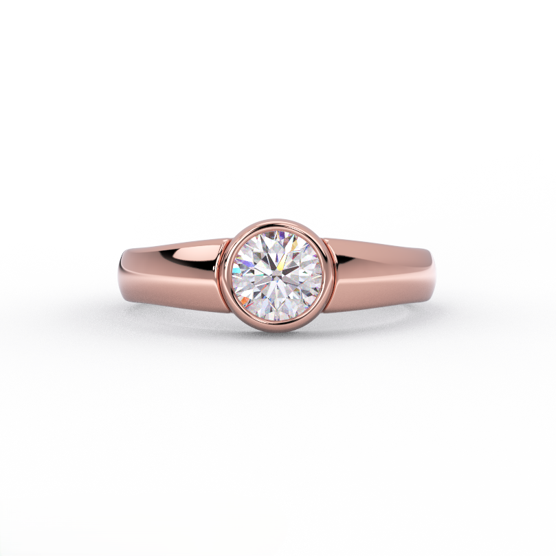 round bezel diamond ring in solid 14K rose gold – front view