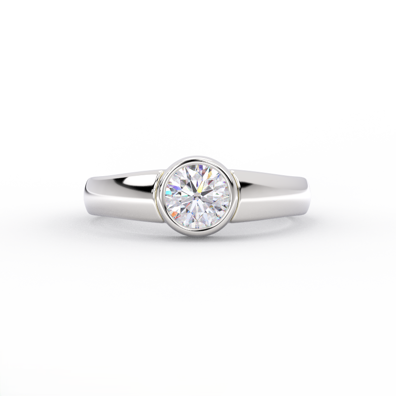 round bezel diamond ring in solid 14K white gold – front view