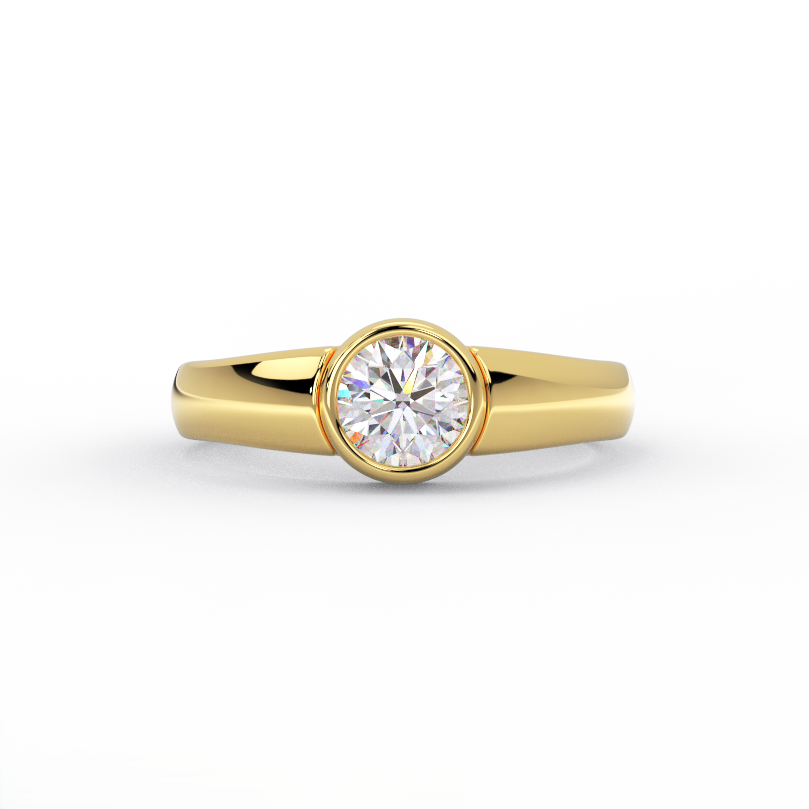 round bezel diamond ring in solid 14K yellow gold – front view