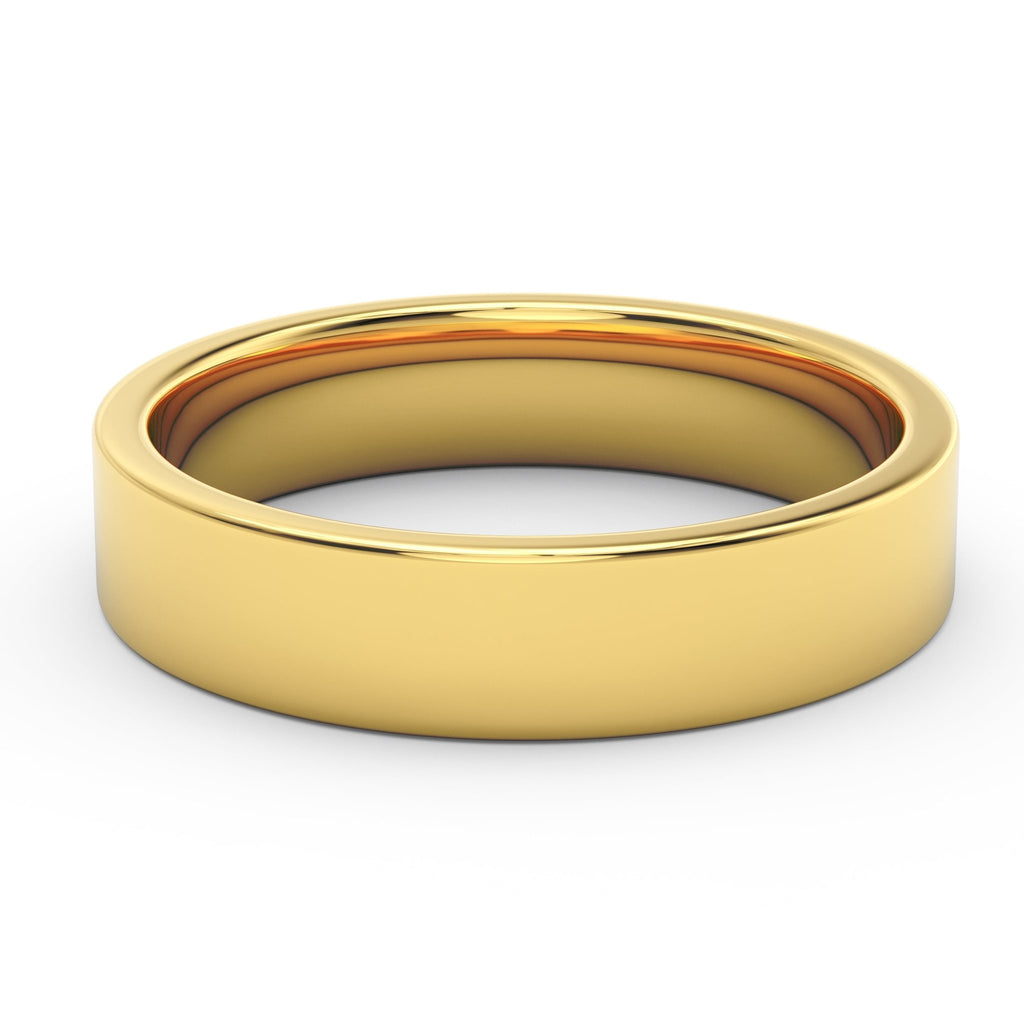 Steinway Flat Band in 14K Yellow Gold – 5mm men’s wedding ring with polished flat profile, front view.