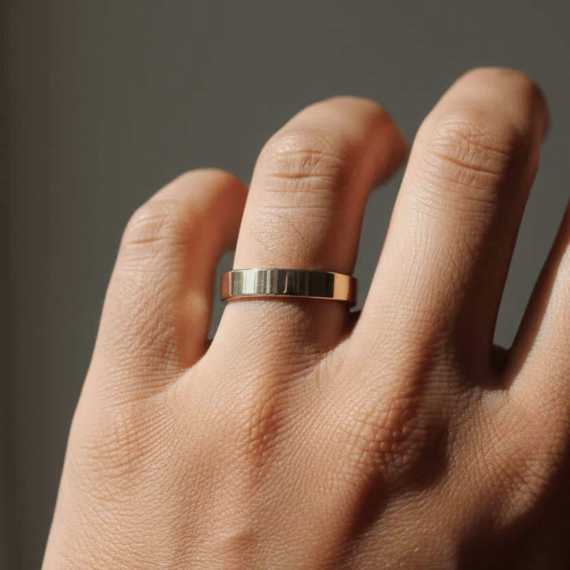 Steinway Flat Band in 14K Yellow Gold – 5mm men’s flat-profile wedding ring shown on hand with accurate scale and polished finish.