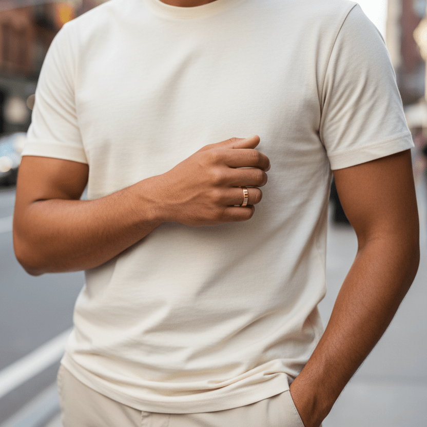 Steinway Flat Band in 14K Yellow Gold – 5mm men’s flat wedding ring worn by South American male model in NYC street lifestyle scene.