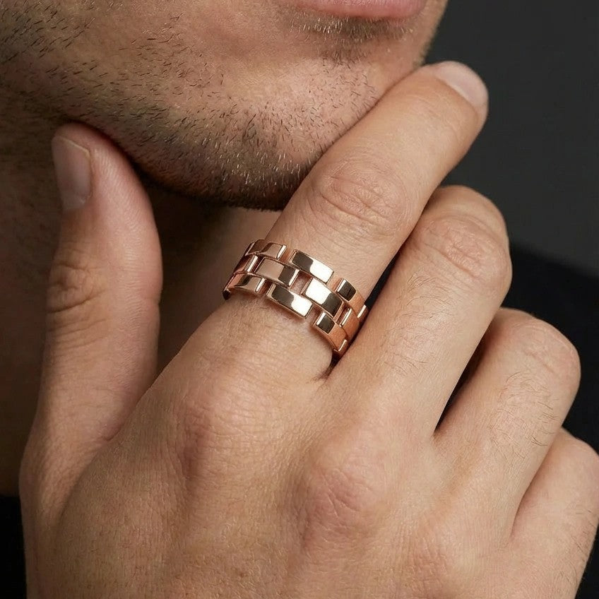 Stratum Link Band | 7mm Wide 14K Gold Brick Link Ring | Black
