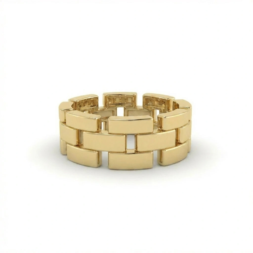 Stratum Link Band in solid yellow gold with layered interlocking link design and high polish finish
