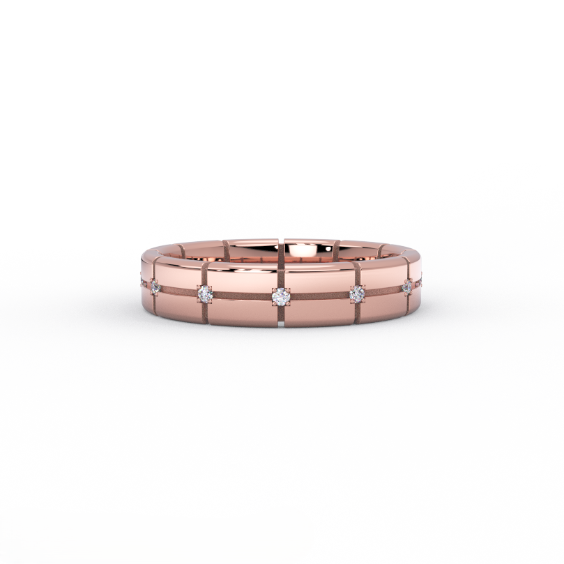 Stratus Grid Diamond Band in 14K rose gold - front view showing warm pink gold architectural grid design with diamonds.