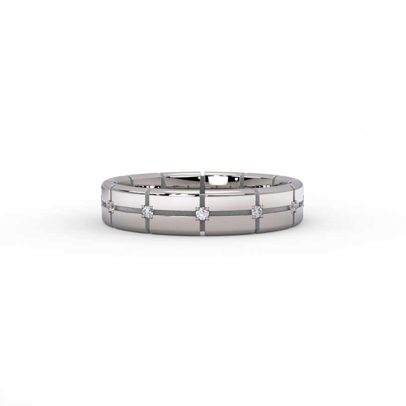 Stratus Grid Diamond Band in 14K white gold - front view showing bright white gold grid pattern with brilliant diamond accents.