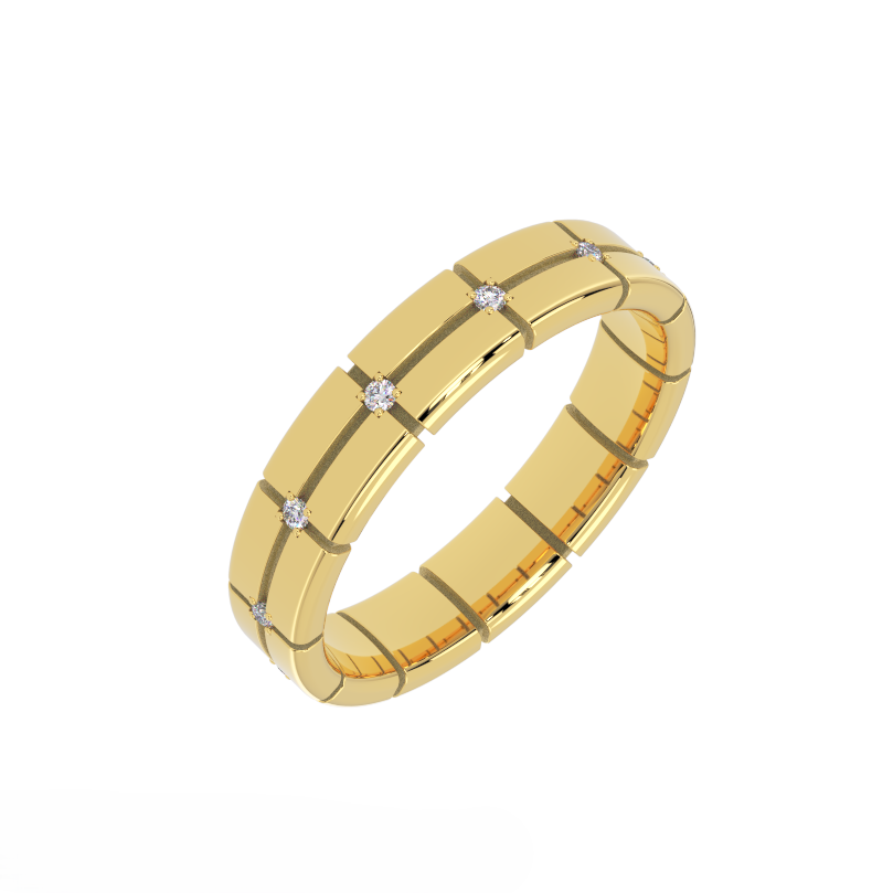 Stratus Grid Diamond Band in 14K yellow gold - angle view showing depth of carved grid pattern and diamond placement.