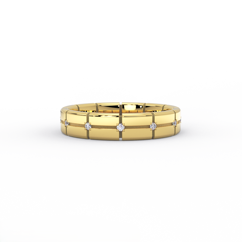Stratus Grid Diamond Band in 14K yellow gold - angle view showing depth of carved grid pattern and diamond placement.