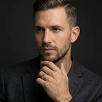 Stratus Grid Diamond Band in 14K yellow gold worn by male model - showing bold architectural grid pattern on hand.