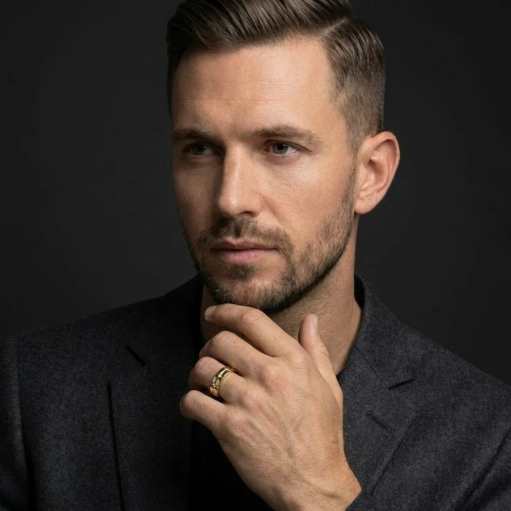 Stratus Grid Diamond Band in 14K yellow gold worn by male model - showing bold architectural grid pattern on hand.