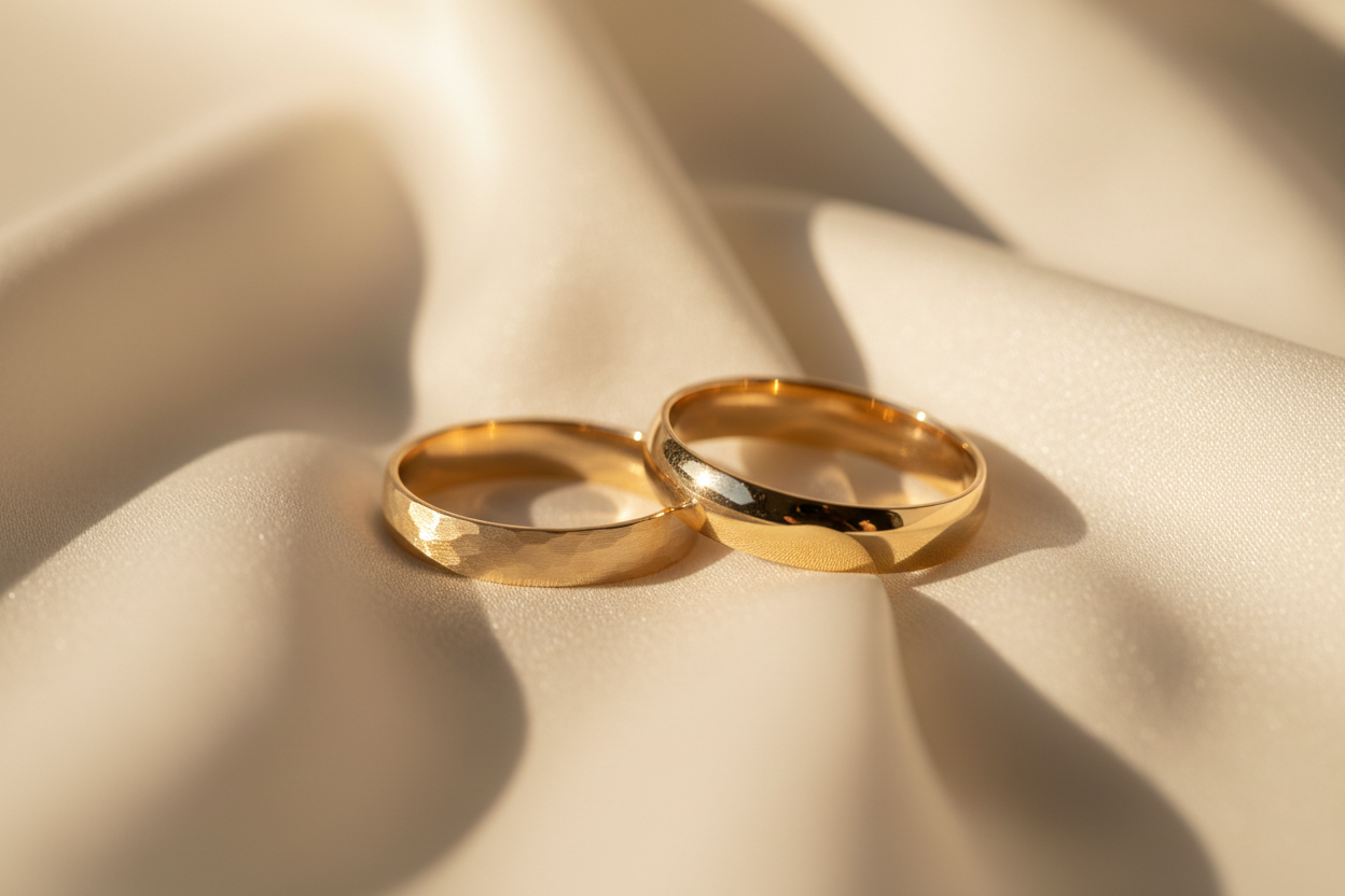 Two women’s 14K yellow gold wedding bands — one textured and one classic polished — displayed on an ivory silk background in soft luxury lighting.