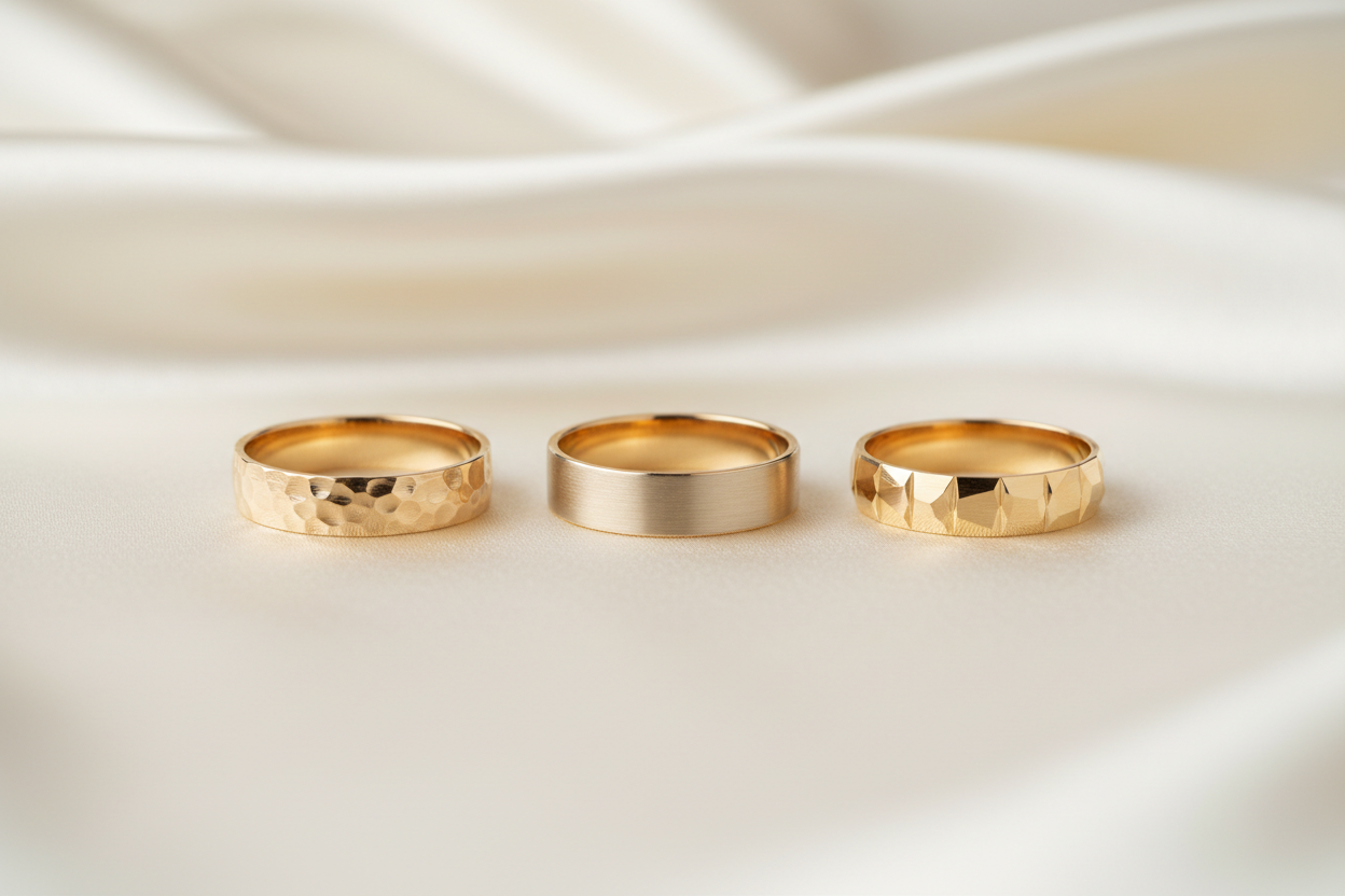 Three 14K gold textured wedding bands—hammered, brushed, and faceted finishes—displayed on an ivory silk background with soft luxury lighting.