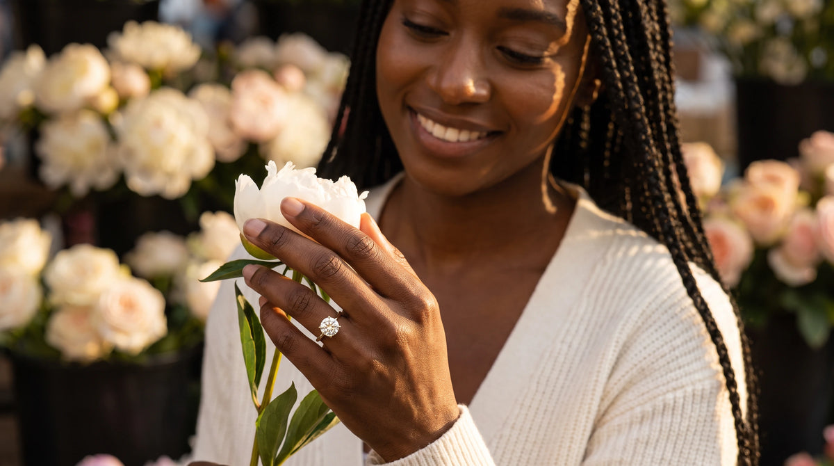 Close-up of a round Lab-Grown Diamond solitaire engagement ring on a thin 1.5mm 14K yellow gold band on a woman's hand holding a peony