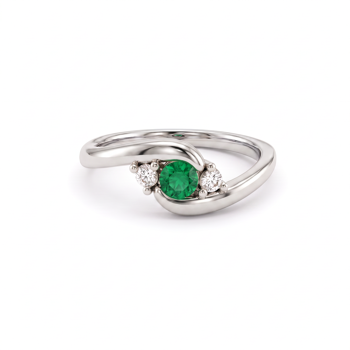 Three-stone bypass ring with a Lab-Created Emerald between two Lab-Grown Diamonds in 14K white gold