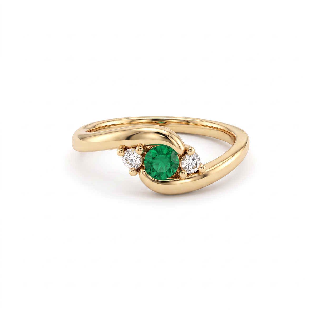 Three-stone bypass ring with a Lab-Created Emerald between two Lab-Grown Diamonds in 14K yellow gold
