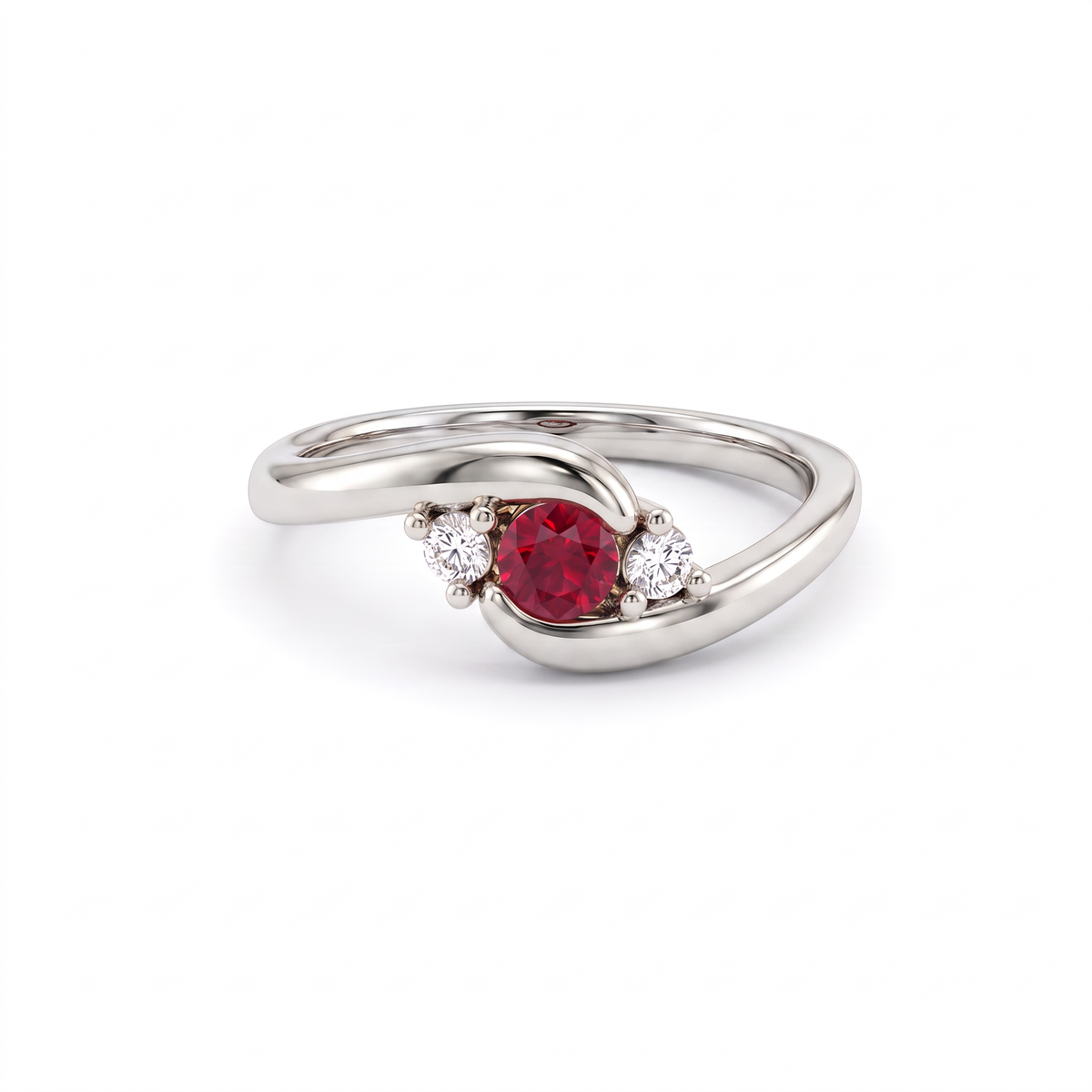 Three-stone bypass ring with a Lab-Created Ruby between two Lab-Grown Diamonds in 14K white gold