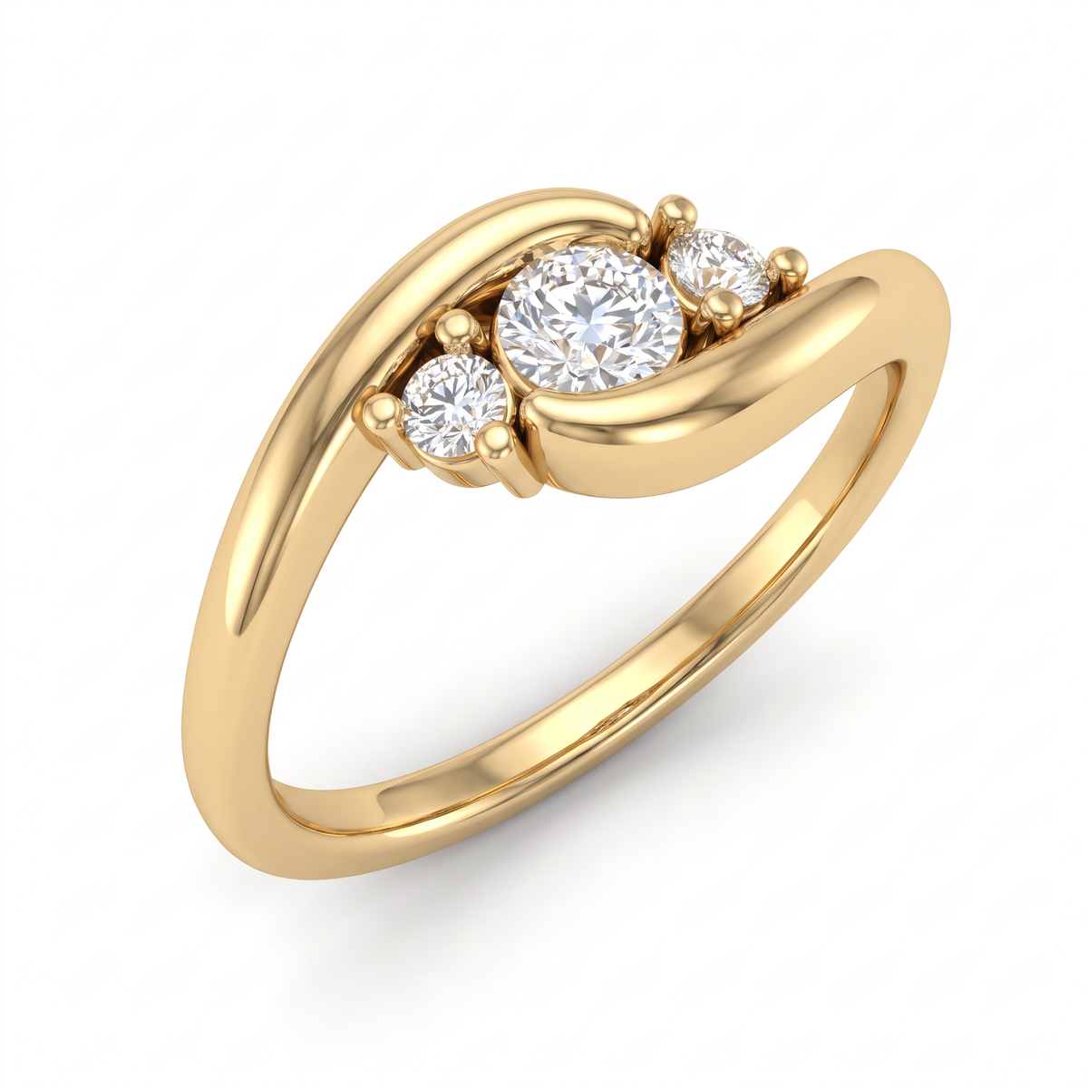 Angled view of the swirl bypass setting on a three-stone Lab-Grown Diamond ring in 14K yellow gold