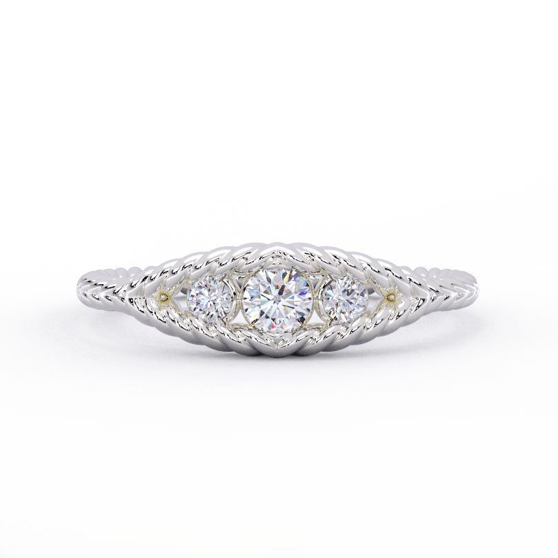 Three stone rope diamond ring in solid 14K white gold with round brilliant diamonds