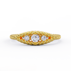 Three stone rope diamond ring in solid 14K yellow gold with twisted band